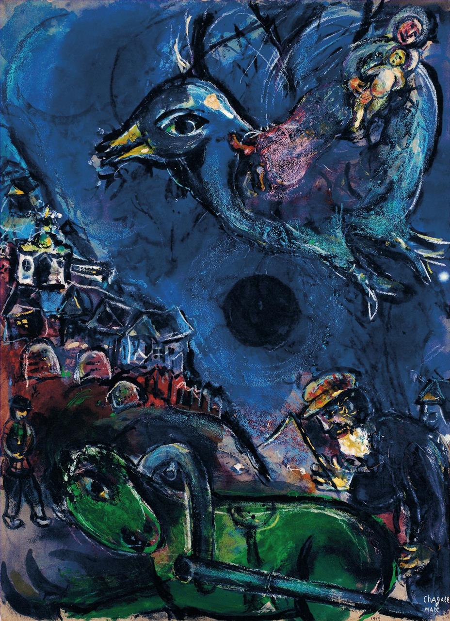 Pueblo con el Caballo Verde o Visión en la Luna Negra contemporáneo Marc Chagall Pintura al óleo